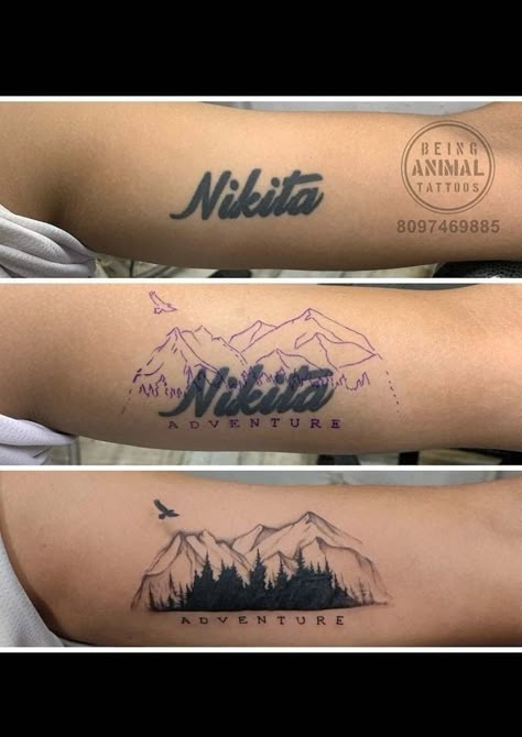 Coverup Tattoo Ideas For Men Forearm, Cover Up Tattoos For Men Arm, Cover Up Name Tattoos, Hand Tattoo Cover Up, Moutain Tattoos, Arm Cover Up Tattoos, Forearm Cover Up Tattoos, Cover Up Tattoos For Men, Tatuaje Cover Up