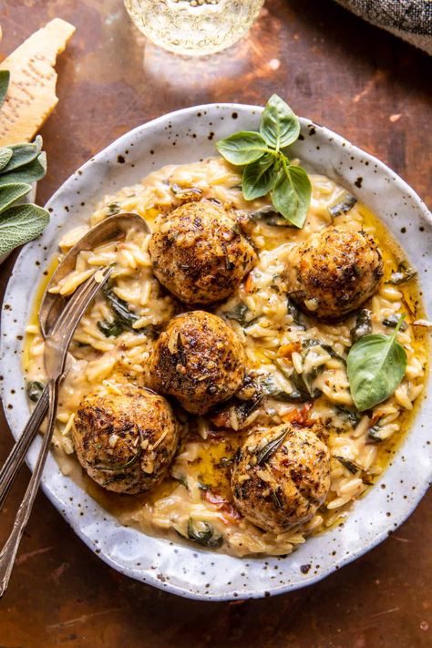 Risotto And Meatballs, Half Baked Harvest Crockpot, Ground Chicken Crockpot Recipes, Garlic Butter Chicken Meatballs, Butter Chicken Meatballs, Lite Meals, Creamy Orzo, Patty Recipe, Half Baked Harvest Recipes