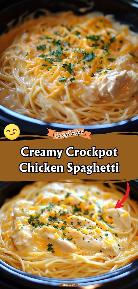 Our Creamy Crockpot Chicken Spaghetti is the epitome of set-it-and-forget-it cooking. This dish features tender chicken and spaghetti tossed in a creamy, savory sauce. It’s a comforting meal that’s perfect for busy weeknights. #CrockpotDinner #ChickenSpaghetti #EasyMeals Chicken Spaghetti Recipe Without Rotel, Chicken Spaghetti Casserole Crockpot, Creamy Chicken Pasta Crockpot Recipes, Crockpot Entrees For A Crowd, Crockpot Dishes For A Crowd, Crockpot Chicken Tenders Recipes, Creamy Chicken Pasta Crockpot, Crockpot Chicken And Pasta Recipes, Creamy Crockpot Chicken Spaghetti