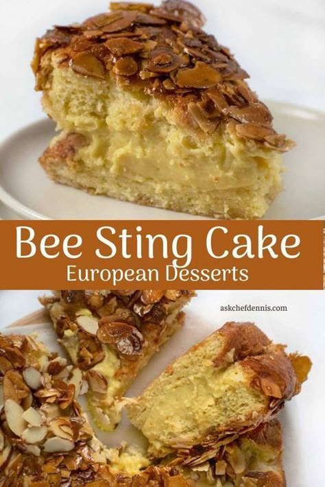 This is the BEST German dessert recipe from Chef Dennis! The bienenstich or "bee sting cake" is a delicious Bavarian cake with a sweet honey topping. Even a picky eater would love this delicious dessert! Try making your own bienenstich this spring or summer! Cakes For A Crowd, German Bee Sting Cake, Bienenstich Recipe, German Dessert, Bee Sting Cake, European Desserts, Brioche Dough, German Desserts, Recipe For Breakfast