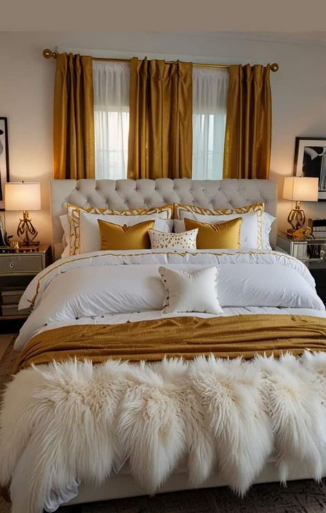 Gold Teen Bedroom, White And Gold Bedroom Ideas, White Gold Room, White And Gold Bedroom, Glam Bedroom Ideas, Grey And Gold Bedroom, Gold Bedroom Ideas, Luxury Bedroom Sets, Afrocentric Decor