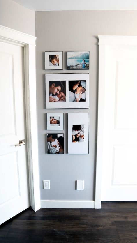 Small Wall Picture Display, Gallery Wall Narrow Space, Gallery Wall Ideas Vertical, Photo Wall Collage Vertical, Narrow Gallery Wall Layout, Vertical Wall Gallery, Vertical Frames On Wall, Minimalist Picture Frames On The Wall, Small Collage Wall