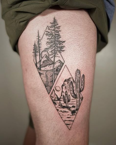 Cactus And Pine Tree Tattoo, Cactus Pine Tree Tattoo, Cool Cactus Tattoo, Mens Desert Tattoo, Geometric Fire Tattoo, Joshua Tree Desert Tattoo, Cactus Tree Tattoo, Canyonlands Tattoo, Couples Cactus Tattoos