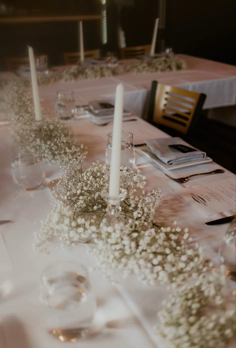 Babysbreath Garland Table, Simple Babysbreath Centerpieces, Simple White Decor Wedding, Glass Candlestick Holders Wedding, Baby’s Breath Table Runner Wedding, Simple Bridal Table Decor, Baby’s Breath Flowers Table, Baby’s Breath Baby Shower Table Decor, Baby's Breath Wedding Table Decor