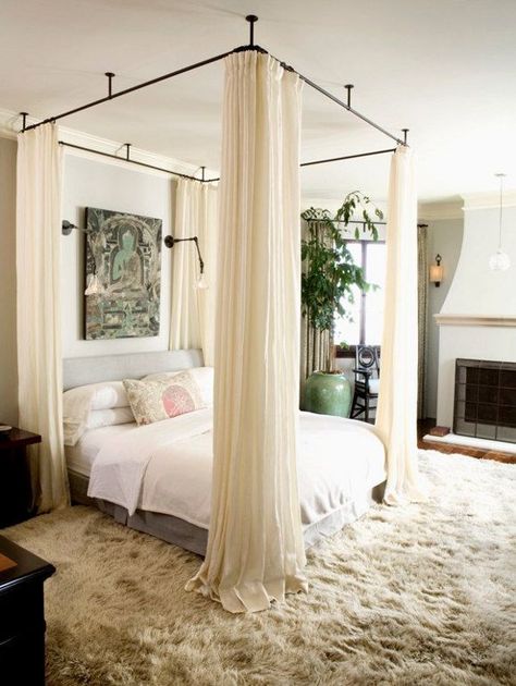 Bed with drapes hung from rods attached to ceiling Romantic Bedroom Design, Canopy Bed Diy, For Dinner, Diy Canopy, Decor Ikea, Four Poster Bed, Poster Bed, Bed Canopy, Four Poster