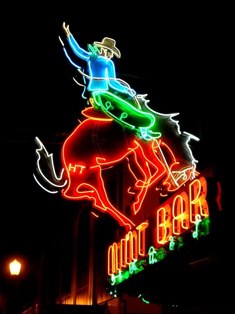 Neon Cowboy, Sheridan, Wyoming | The Mint Bar sign in Sherid… | Flickr Western Neon Signs, Neon Cowboy, American Neon, Neon Graffiti, Old Neon Signs, Sheridan Wyoming, Cowboys Sign, Long Live Cowboys, Googie Architecture