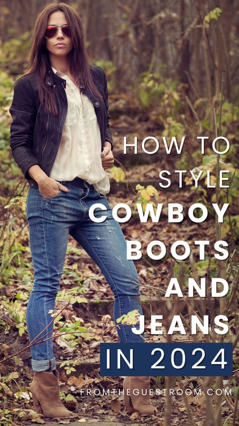 a woman wears cowboy boots with jeans, western outfits Jeans With Boots Women, Cowboy Boots Outfit Inspiration, Cropped Flared Jeans With Boots, Frye Billy Short Boots Outfit, Style Cowboy Boots Women Jeans, Tall Boots And Jeans Outfit, Cowboy Boots With Tights Outfit, Women's Western Wear Outfits Casual, Wide Leg Jeans And Cowboy Boots