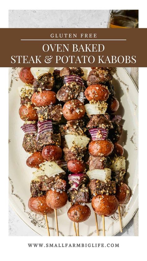 This easy recipe for oven baked steak and potato kabobs makes a quick meal! The skewers are stacked with beef steak, onions and baby red potatoes. Each kabob is brushed with a rosemary oil mixture that gives them lots of flavor. #glutenfree #recipe Easy Kabobs In The Oven, Steak Kebabs In The Oven, Oven Beef Kabobs, Steak And Red Potatoes, Sirloin Kabob Recipes, Oven Skewers Kabob Recipes, Oven Roasted Kabobs, Beef Kebabs In The Oven, Baked Kebab Recipes