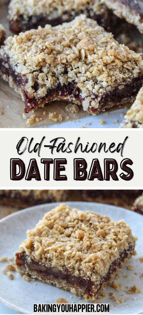 Date Bars, an old-fashioned homemade Date Bar recipe with a chewy center and a lightly sweetened crumb topping! Date Bars Recipe Squares, Date Crumble Bars, Recipes For Dates Desserts, What To Make With Dates Ideas, Date Walnut Bars Recipe, Squirrel Bars Recipe, Date Bar Recipes, Date Squares Recipe Easy, Baking With Dates Recipes