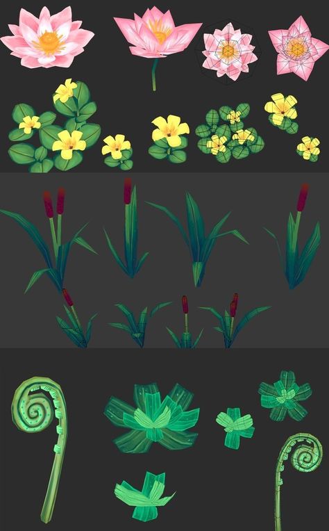 Low Poly Vegetation, Low Poly Flower, Low Poly Plants, Flowers Concept Art, Flower Concept Art, Plant Concept Art, Plants Reference, Stylized Plants, Drawing Plants