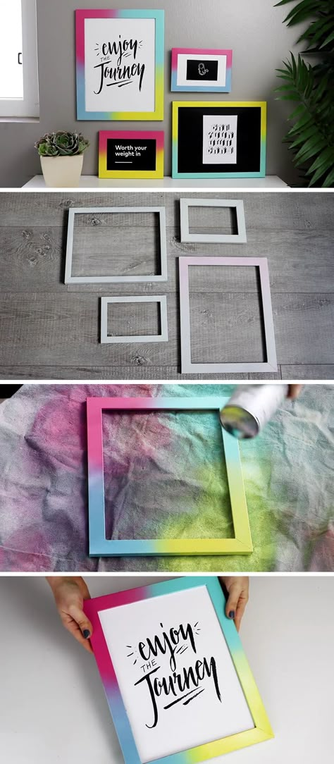 Create your own easy DIY colorful gallery wall by spray painting simple white frames with bright colorful gradients, and pair them with simple black and white artwork to keep it all looking contemporary. Cadre Photo Diy, Diy Photo Frame, Diy Picture Frame, Picture Frame Ideas, Frames Diy, Picture Frame Crafts, Painting Simple, Diy Photo Frames, Simple Artwork