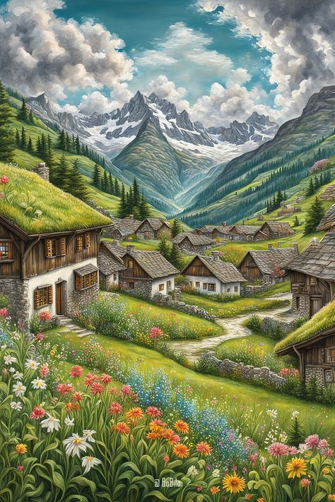 Explore the Charm of Switzerland's Scenic Villages 🇨🇭✨ #SwissBeauty #MountainMagic #ScenicVillages Village Art, Switzerland Drawing, Mountain Village Drawing, Village Illustration, Mountain Village Art, Switzerland Art Illustrations, Landscape Switzerland, Snowy Mountain Village Fantasy Art, Switzerland Art