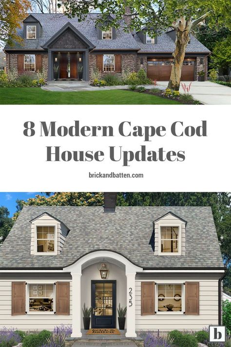 Looking to visualize modern Cape Cod house updates for your exterior? Well then you're in luck, because we've rounded up some of our favorite Cape Cods we’ve designed over the years in this list. It includes before & afters featuring both minor refinements and massive changes. Something for everyone! #brickandbatten #capecodhome #capecodstyle #capecodhomes #capecodhouse Modern Cape Cod House, Cape Cod Siding, Cape House Exterior, Cape Cod House Interior, Modern Cape Cod, Cape Cod Renovation, Cape Cod Exterior, Cape Cod House Exterior, Modern Cape