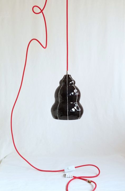 Handmade black ceramic pendant light. Red plug in cord Ceramic Hanging Lights, Ceramic Hanging Lamp, Cally Ceramic Pendant, Pottery Light Pendant, Light Fixture Covers, Hanging Plug In Corded Pedant Lamps, Ceramic Pendant Light, Plug In Pendant Light, Yellow Ceramics