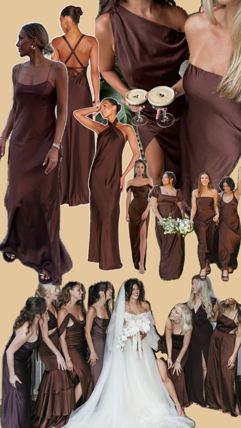 Dark Brown Silk Bridesmaid Dresses, Brown Wedding Theme Bridesmaid Dress, Brown Bridesmaid Dresses Rustic, Coffee Brown Bridesmaid Dress, Silk Brown Bridesmaid Dresses, Brown Bridesmaids And Groomsmen, Dark Chocolate Bridesmaid Dresses, Dark Blue And Brown Wedding, Dark Colored Bridesmaid Dresses