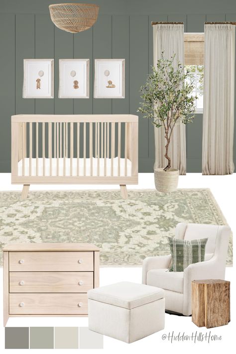 Gender neutral nursery decor mood board with green tones throughout! Gender Neutral Nursery With Accent Wall, Green Nursery Inspiration, Neutral Nursery With Green Accents, Sherwin Williams Retreat Nursery, Green Accent Wall Colors Sherwin Williams, Unisex Green Nursery, Pewter Green Sherwin Williams Nursery, Sage Green Nursery With White Crib, Nursery Green Accent Wall Paint Color