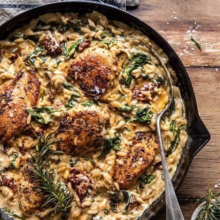 New Years Dinner Ideas, Chicken And Orzo, Sundried Tomato Chicken, Half Baked Harvest Recipes, New Years Dinner, Orzo Recipes, Chicken Orzo, One Skillet, Tuscan Chicken