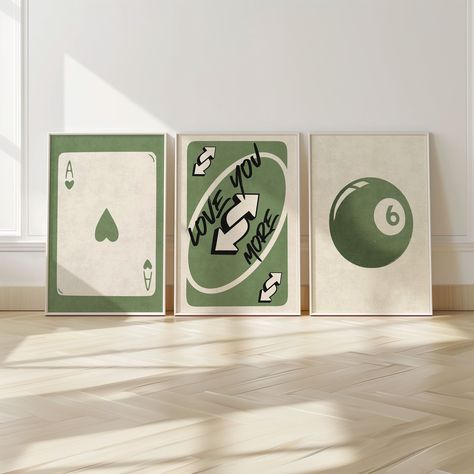 🖼️✨ 3 Piece Wall Art Set Retro Decor for Any Space ✨🖼️ Elevate your decor with our 3 piece wall art set featuring a stylish ace card, a vibrant "Love You More" Uno card inspired design, and a striking magic 8 ball poster. This collection of minimalist wall art brings a touch of retro charm and modern style to any room. Perfect for those who appreciate game room decor, dorm decor, and trendy wall art, this wall art set of 3 is an essential addition for creating a dynamic and visually appealing atmosphere. Ideal for living rooms, bedrooms, game rooms, or bar cart areas, these prints seamlessly blend with various decor styles, adding a unique and playful flair to your space. As part of our gallery wall set collection, these digital downloads are perfect for instant decor updates. Whether yo Cool Bedroom Posters Wall Art, Chess Wall Art Decor, Modern Art For Bedroom, Apartment Decor Gender Neutral, Spotify Poster Wall, Set Of 3 Canvas Painting Ideas Diy, Poster Design Bedroom, Art For Guys Apartment, Poster Sets Wall Art