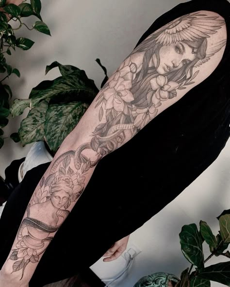 Butterfly Goddess Tattoo, Greek Mythology Tattoos Sleeve Women, Goddess Sleeve Tattoo, Fineline Tattoo Sleeve, Full Arm Tattoos For Women, Goddess Tattoo Sleeve, Greek Tattoo Sleeve, Virgo Women Tattoo, Filter Tattoo