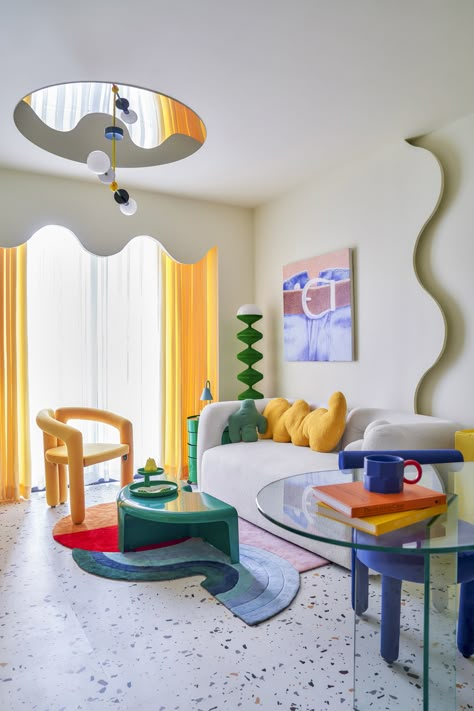 POP BLOOMING APARTMENT Pop In Living Room, Playful Modern Interior Design, Multi Color Interior Design, Modern Colorful Home Design, Pop Of Color Decor Ideas, Colorful Accent Decor, Contemporary Pop Art Interior Design, Bright Color Decor Living Room, Pop Furniture Design