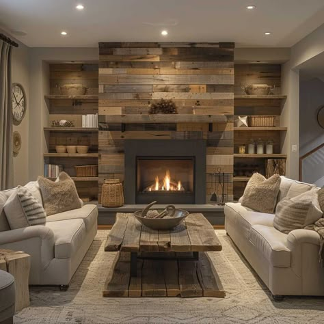 Accent Wall Bottom Half, Wood Wall Around Fireplace, Tv Wood Accent Wall, Natural Wood Shiplap Wall Living Room, Wooden Wall Design Living Rooms, Living Room With Wood Accent Wall, Reclaimed Wood Fireplace Wall, Fireplace Ideas Wood Plank Walls, Wood Accent Wall With Tv