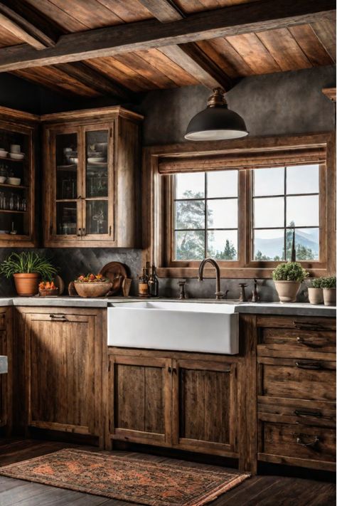 Charming rustic kitchen with farmhouse sink and wood cabinets Dark Wood Grain Kitchen Cabinets, Natural Wood Cupboards, Kitchen Rustic Cabinets, Wood Country Kitchen, Rustic Industrial Farmhouse Decor, Industrial Farmhouse Kitchen Cabinets, Natural Wood Kitchen Cabinets Rustic, Rustic Kitchen Color Ideas, Knotty Wood Kitchen Cabinets