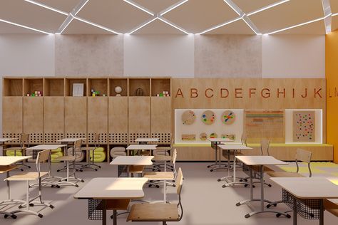 SCHOOL INTERIOR DESIGN IN MODERN STYLE :: Behance Classroom Interior Design Modern, Elementary School Cafeteria Design, Modern School Cafeteria, Scandinavian Classroom, School Interior Design Classroom, School Classroom Interior, Classroom Architecture, School Interior Design, Education Design Interior