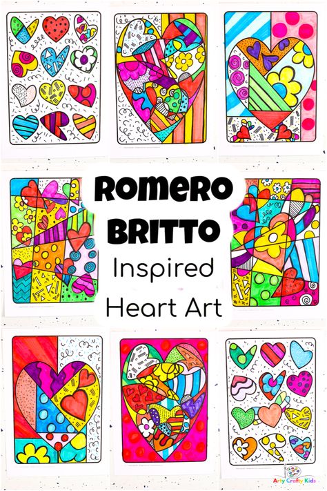 Valentines Kids Art Projects, Romero Britto Valentines Art, Valentine Art For Kids Elementary, Heart Lessons For Kids, Art Inspiration For Kids, Heart Art Projects For Elementary, Romero Britto Art Projects For Kids, Valentines Art Projects Elementary, 30 Minute Art Projects