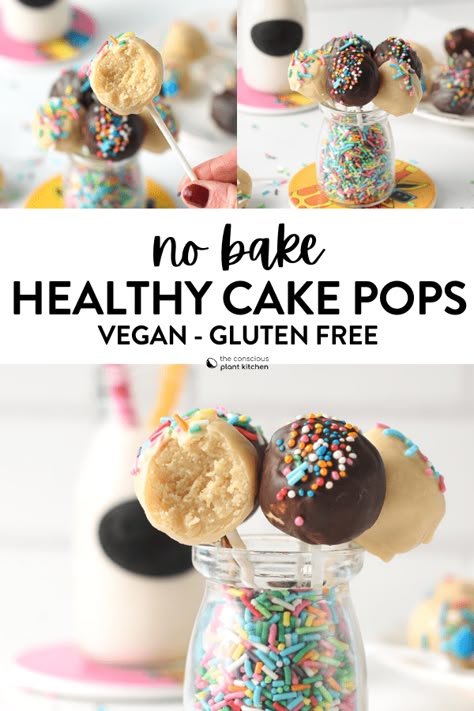 These healthy cake pops are easy no-bake cake pops made with a moist vanilla crumb made with  almond flour, dairy-free yogurt and no refined sugar. Plus, this recipe is fast and ready in 15 minutes, no need to bake a cake for this recipe! Protein Cake Pops, Healthy Cake Pops, Vegan Cake Pops, Gluten Free Cake Pops, Conscious Plant Kitchen, No Bake Cake Pops, Vegan Afternoon Tea, Hosting At Home, Almond Flour Cakes