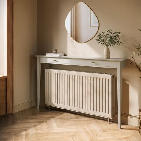 Mirror Over Radiator, Dressing Table Over Radiator, Radiator Cover Console Table, Shelf Over Radiator Hallway, Radiator Table Hallway, Narrow Hallway Furniture, Window With Radiator Underneath, Bed In Front Of Radiator, Over Radiator Console Table