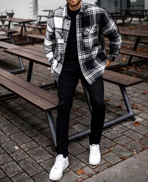 outfit for the day,casual outfits for men,summer outfits for men,style tips for men,best outfits for men,men's outfits,casual outfit ideas for men,outfit for men,outfit for men's night out,mens outfits,outfit for men summer,outfit for men 2022,outfit inspo for men,cheap outfit for men,men's outfit for night club,outfit of the day,casual outfit for men,style for men,outfit ideas for men,fashion for men,winter outfit ideas,outfit for young guysoutfit for the day,casual outfits for men,summer outfi Black And Gray Flannel Outfit Men, How To Style Flannel Men, Mens Fall Flannel Outfits, Black Shoes Outfit Men Streetwear, Denim Jacket Men Outfit Street Style, Af 1 Outfit Men, Black And White Flannel Outfit Men, Men’s Shacket, Men Flannel Outfits Street Styles