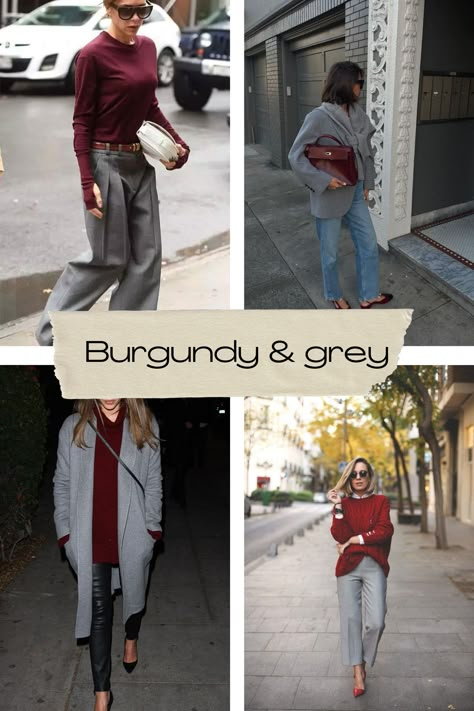 Dallas fashion blogger shares how to style burgundy for all and winter—burgundy and grey outfit inspiration Burgandy Outfits For Women Winter, Gray Burgundy Outfit, Burgundy Fashion Outfits, Grey Burgundy Outfit, Burgundy Monochromatic Outfit, Grey Color Combos Outfit, Burgundy Shoes Outfit Women, Gray And Burgundy Outfit, Grey Color Combinations Outfits