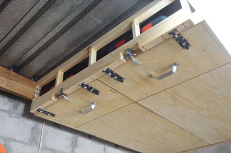 Between Joist Storage, Garage Storage Plans, Garage Ceiling Storage, Garage Workshop Layout, Garage Workbench Plans, Garage Ceiling, Roof Storage, Ceiling Shelves, Workshop Layout