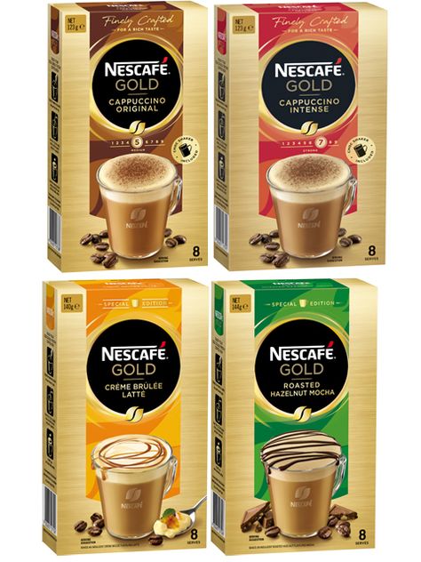 NESCAFÉ Gold Range Packs Coffee Sachet, Nescafe Gold, Noodles Ideas, Nescafe Coffee, Coffee Sachets, Italian Gourmet, Gold Drinks, Tea Packaging Design, Coffee Pack