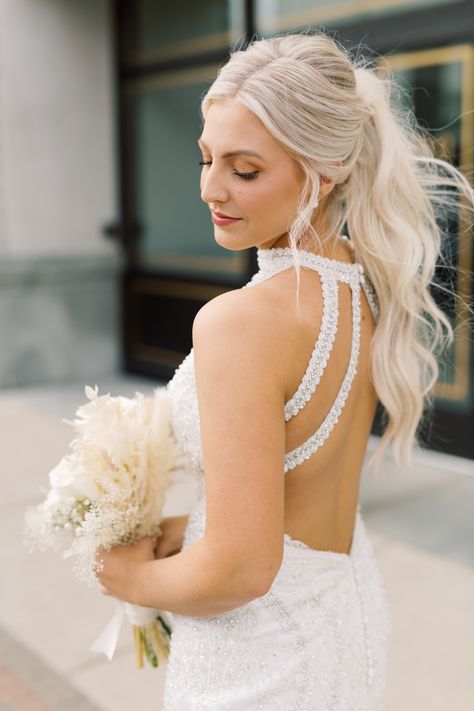 Updo Wedding Hair Ponytail, High Neck Dress Updo Hairstyles, Wedding Hair For Bride Ponytail, Prom Curled Ponytail, High Neck Wedding Hairstyles, Hair For High Neck Dress Wedding, Tucked Sides Hairstyle, Wedding Hairstyle High Ponytail, Bridesmaid Curled Ponytail