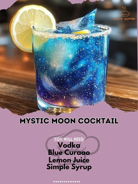 1. Unleash your inner mixologist with our captivating Mystic Moon Cocktail! ✨🌙 2. Mystic Moon Cocktail 3. Ingredients: - Vodka (2 oz) - Blue Curaçao (1 oz) - Lemon Juice (1 oz) - Simple Syrup (0.5 oz) - Soda Water (to top) - Lemon Slice (for garnish) - Edible Glitter (optional) 4. Instructions: - Fill a shaker with ice. - Add vodka, blue curaçao, lemon juice, and simple syrup. - Shake well until chilled. - Strain into a glass filled with ice. - Top with soda water and stir gently. - Garnish... Full Moon Cocktail, Mystical Party Ideas, Night Court Cocktail, Moon Cocktail, Food Design Ideas, Michelin Food, Cake Vodka, Awards Banquet, Big 30