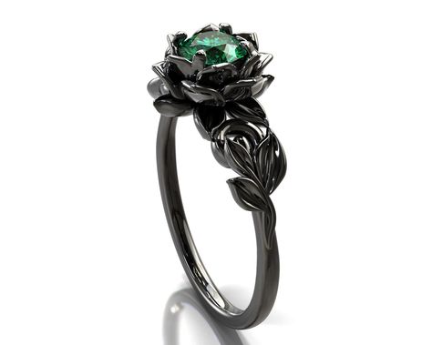 Black Emerald Ring, Goth Wedding Ring, Black Lotus Flower, Green Engagement Rings, Two Tone Engagement Rings, Lotus Flower Ring, Gothic Engagement Ring, Engagement Ring Women, Lotus Ring