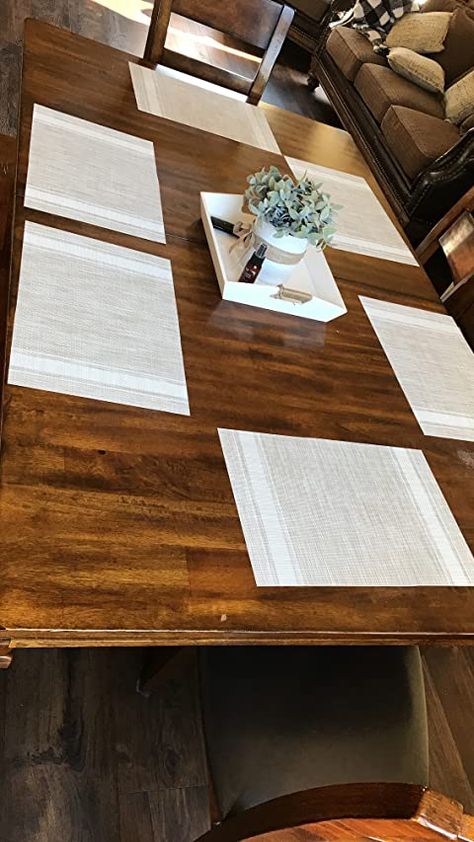 Wooden Table Placemats, Placemats For Dark Wood Table, Table Mats Ideas, Dining Room Table Placemats, Place Mats Ideas Dining Rooms, Dining Room Placemats, Wicker Chargers, Dark Brown Dining Table, Braided Placemats