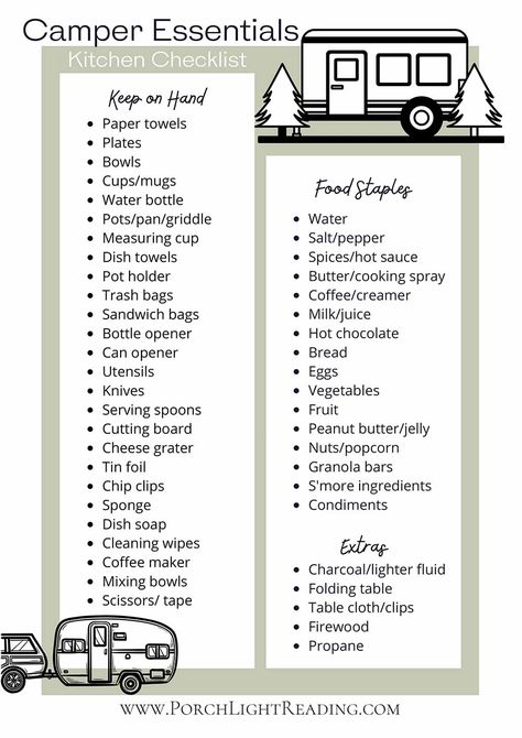 47 RV Kitchen Supplies | Free Printable Checklist – Porch Light Reading Rv Supplies Checklist, Rv Checklist Rv Packing, Rv Set Up Checklist, Caravan List, Rv Checklist Free Printable, Caravan Checklist, Rv Camping Essentials, Camper Checklist, Camping Checklist Printable