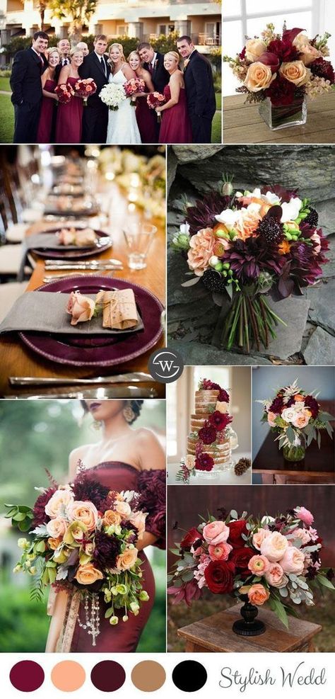 burgundy and peach rustic fall wedding colors ideas Fall Wedding Colors September Rustic, Cabernet Fall Wedding, Plum And Burgundy Wedding, Mulberry Wedding Color Scheme, Cabernet Wedding Colors, Plum Fall Wedding, Burgundy And Peach Wedding, Burgundy And Black Wedding, Rustic Fall Wedding Colors