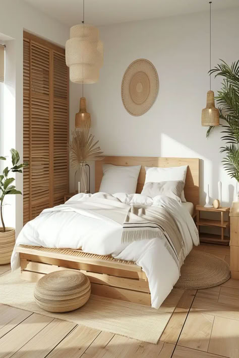 A bright bedroom featuring a simple wooden bed, wicker accents, and a neutral color palette. White Stained Oak Bedroom, Natural Wood Furniture Bedroom, Light Wood Bedroom Furniture Decor Ideas, Neutral Calm Bedroom, Bedroom With Wood Trim, White And Wooden Bedroom, Light Wood Furniture Bedroom, Light Wooden Bed, Light Wood Bedroom Ideas