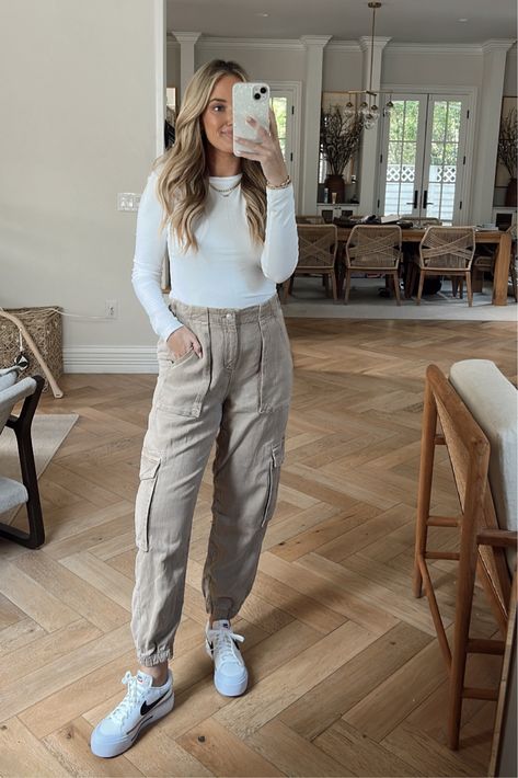 Frieda Denim Cargo Joggers curated on LTK Tan Cargo Joggers Outfits, Cargo Jogger Pants Women, Cargo Pant Jogger Outfit, Denim Cargo Joggers Outfit, Work Cargo Pants Outfit, Beige Cargo Pants Outfit Fall, Cargo Outfits Women Winter, Cargo Jogger Outfit, Tan Joggers Outfit Women