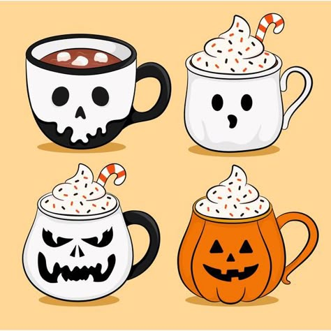 Halloween Decorations Illustration, Halloween Party Drawing, Halloween Illustration Design, Coffee Mug Illustration, Halloween Sugar Cookies Decorated, Fall Journal, Stuffed Pumpkin, Mug Drawing, Mugs Collection