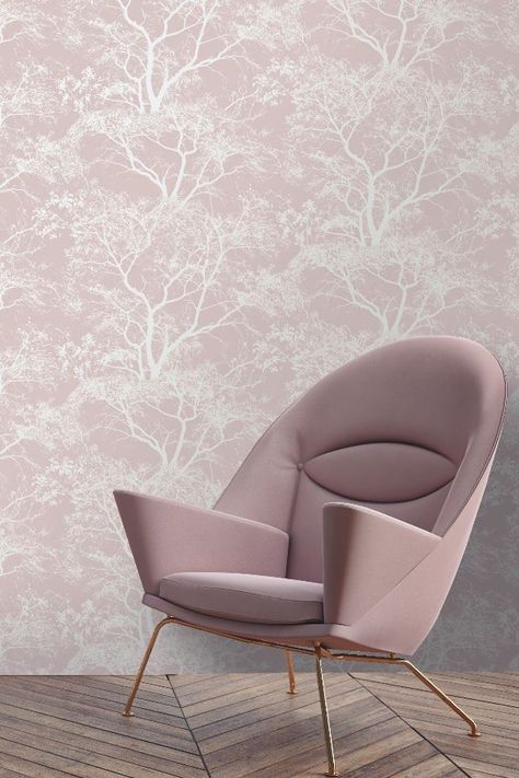 Dusky Pink Wallpaper, Pink Wallpaper Bedroom, Lounge Wallpaper, Contemporary Wallpaper Designs, Trees Wallpaper, Pink Bedroom Ideas, Living Room Wallpaper, Feature Wallpaper, Bedroom Wallpaper