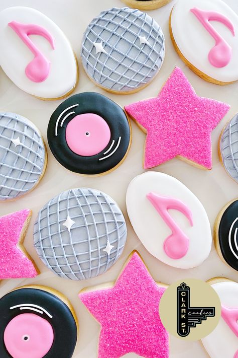 Dance Party Cookies Decorated, Dancing Queen Cookies Decorated, Karaoke Cookies Decorated, Pink Disco Ball Cookies, Disco Theme Desserts, Music Themed Cookies Decorated, Disco Rodeo Cookies, Pink Disco Cookies, Disco Party Cupcakes