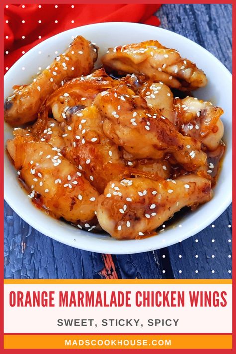 Orange Marmalade Chicken Wings Recipe - Mads' Cookhouse Orange Chicken Wings Recipe, Juicy Chicken Wings, Orange Chicken Wings, Orange Marmalade Chicken, Marmalade Chicken, Marinated Wings, Orange Marmalade Recipe, Marmalade Recipe, Pumpkin Curry