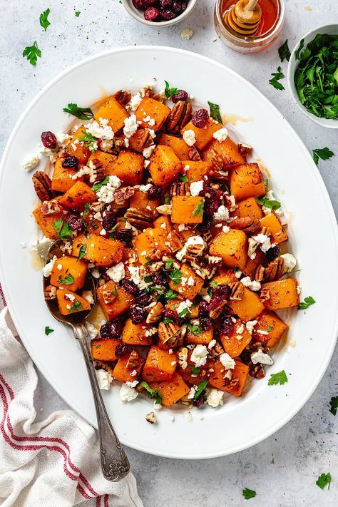 Roasted Butternut Squash with Pecans, Cranberries, Feta Roasted Butternut Squash With Cranberries And Pecans, Roasted Butternut Squash With Cranberries And Feta Mia Recipes, Butternut Squash With Pecans Recipes, Roasted Butternut Squash Thanksgiving, Butternut Squash Cranberry Feta, Christmas Squash Side Dishes, Roasted Vegetables With Feta, Make Ahead Butternut Squash Recipes, Butternut Squash Brussel Sprouts Recipes