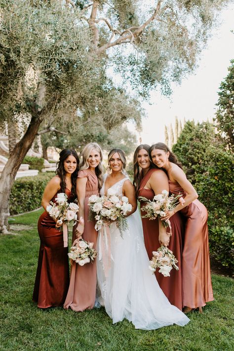 Romantic Desert & Backyard Micro-Wedding - emberandstoneevents.com Summer Rust Wedding, Bridesmaid Dresses Rusty Rose, Dusty Pink And Rust Wedding, Rust And Pink Bridesmaid Dresses, Dusty Rose Mismatched Bridesmaids, Mismatched Rose Bridesmaid Dresses, Rosewood Bridesmaid Dresses, Dusty Rose And Wine Wedding, Rust And Blush Wedding Bridesmaid Dress