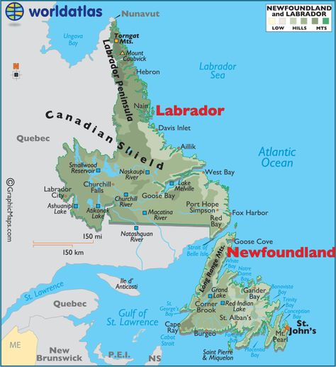 Newfoundland and Labrador Canada large color map.  Almost gotten eaten alive by black flies in Labrador. LOL Newfoundland Map, East Coast Canada, Newfoundland Travel, Gros Morne, Labrador Canada, Newfoundland Canada, Single Travel, Physical Map, Atlantic Canada