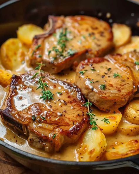 Every time I make this dish, guests ask for the recipe Pork Chops With Scalloped Potatoes, Cheesy Potato Bake, Boneless Pork Chop Recipes, Pork Chops And Potatoes, Pork Recipes For Dinner, Meat And Potatoes, Easy Pork Chops, Pork Chop Recipes Baked, Pork Chop Dinner